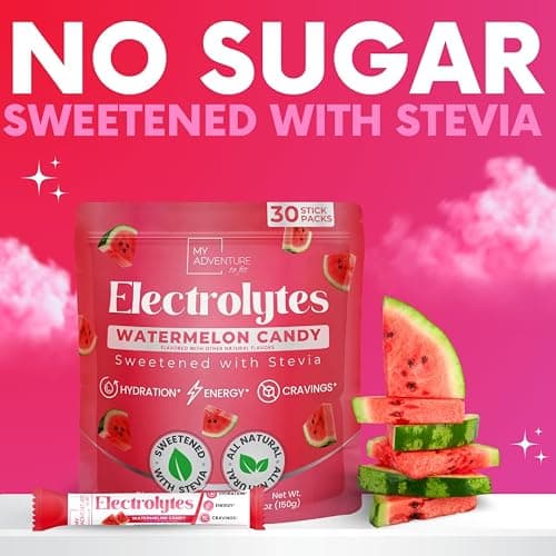 Zero Sugar Watermelon Candy Electrolytes Powder Packets (30 Pack) - All Natural Ingredients, Caffeine Free Energy for Refreshing Hydration - Vegan, Keto, Paleo Sugar Free Electrolytes Powder No Sugar thumbnail 7