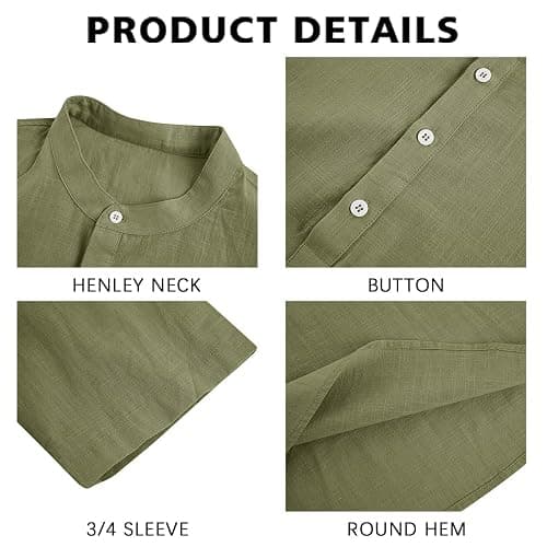 Ryannology Mens Linen Shirts Casual Cotton 3/4 Sleeve Regular-Fit Henley T-Shirt Summer Lightweight Beach Yoga Tops thumbnail 2
