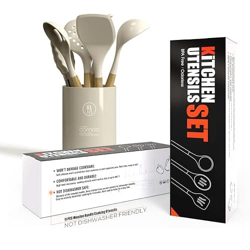 oannao Silicone Cooking Utensils Set - 446°F Heat Resistant Silicone Kitchen Utensils for Cooking,Kitchen Utensil Spatula Set w Wooden Handles, BPA FREE Gadgets for Non-Stick Cookware (Khaki) thumbnail 6