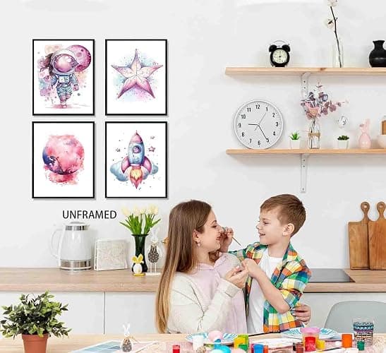 MOCVSWO Pink Outer Space Wall Art Prints,Watercolour Star Rocket Astronaut Posters for Nursery Decor Girls Room Decor Kids Bedroom Boys Playroom Classroom Decor,Set Of 4 (8X10inch,Unframed). thumbnail 4