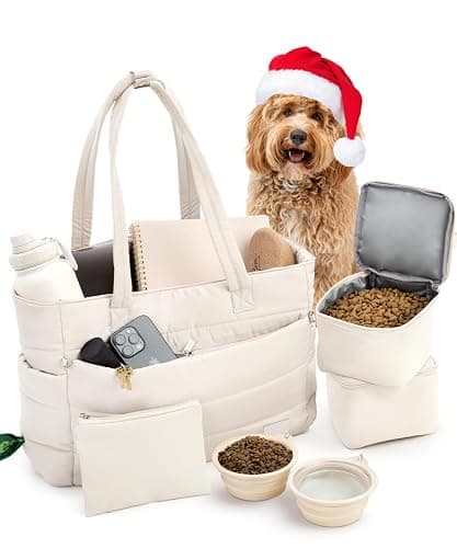 Puffer Dog Travel Bag for Dog Moms – Doggy Diaper Bag with Pet Bowls & Food Storage or Everyday Puffy Tote – Christmas Doggy Mom Gifts for Women – Lightweight, Travel-Ready Gift for Pet Lovers – Beige - Image 1