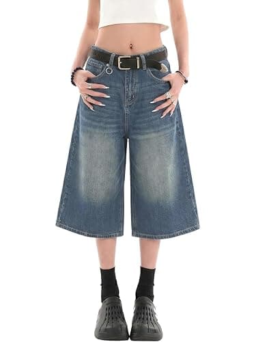Lafaguw Baggy Jorts Women Y2K Capri Wide Leg Long Jean Shorts Summer | Cropped Jeans,High Waisted,Oversized Jorts,Hangable Design,Classic 4 Pockets,Streetwear Clothes,Business Casual Outfits - Image 1