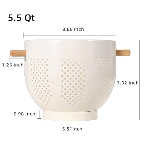 Metal Colander with Wood Handle and Stable Base, 5.5 Quart Powder Coated Steel Kitchen Strainer Basket for Draining Pasta, Vegetable and fruit,Cream thumbnail 3
