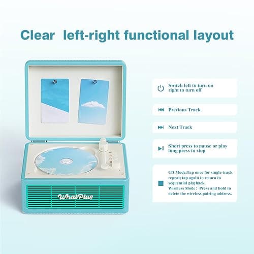 WhatPlus CD Player with Bluetooth Speaker, High-Fidelity Sound, App-Controlled, Magnetic Display for Photos & Pins, Retro Desktop Music Player, Gift for Music Lovers (Light Blue) thumbnail 6