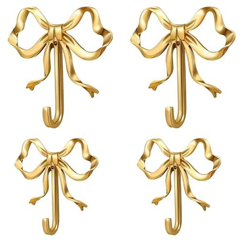 Frstem 4 Pack Gold Bow Wall Hook,Metal Hooks,Wall Mounted Functional Hooks,Multi-Purpose Door Hanger,Bow Wall Hooks Decorative for Coat Hat Towel Bags & Christmas Decor - Image 1