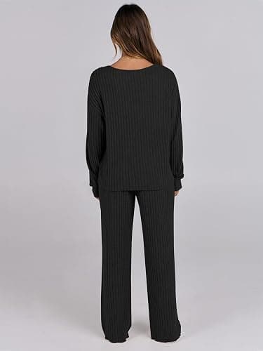 ANRABESS Women 2 Piece Lounge Pajamas Sets Casual Ribbed Knit Long Sleeve Top Pants Matching Set 2025 Fall Outfits Clothes thumbnail 5