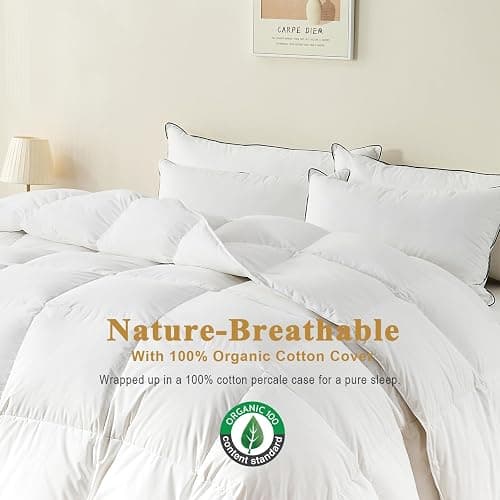 TOPGREEN 100% Organic Feather Down Comforter Full/Queen Size, Luxury Extra-Fluffy Duvet Insert, All Season Bed Comforter with Ultra-Soft Organic Cotton Case (90x90 Inch, Ivory White) thumbnail 3