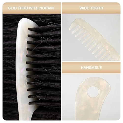 Large Wide Tooth Hair Comb, LADYAMZ [Tortoise Shell] Cellulose Acetate Round Tooth Comb for Straight/Curly Hair,Short/Long Hair Women Men or Kids, Easy Detangling Wet or Dry, Anti-static (White) thumbnail 5
