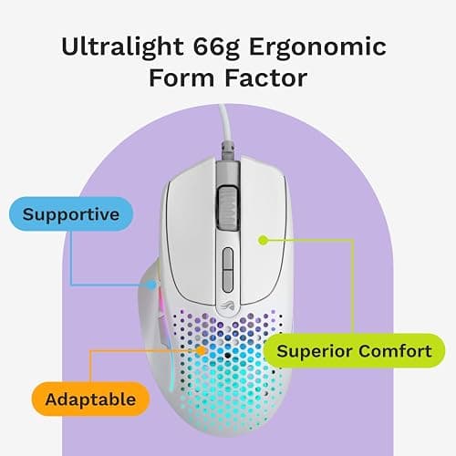 Glorious Gaming Model I 2 Wired Gaming Mouse: 9 Programmable Buttons (2 Swappable), 66g Superlight, 26k Optical Sensor, 80M Click Rated Switches, MMO/MOBA/FPS, Side Thumb Rest (White) thumbnail 3