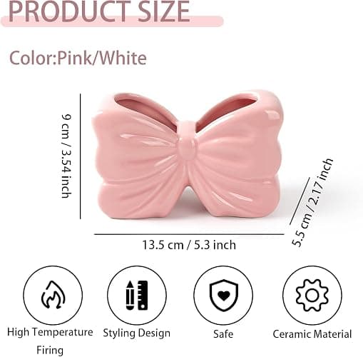 Bow Toothbrush Holder, Pink Ceramic Multi-Purpose 2-Section Organizer for Bathroom, Kitchen, Bedroom, Office Decor thumbnail 2