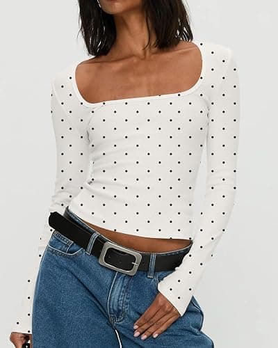 BAIGRAM Women Y2K Polka Dot Long Sleeve Crop Tops-Vintage Boho Scoop Neck Tee Shirt Tight Fit Jersey Tshirt Fall Outfits thumbnail 3