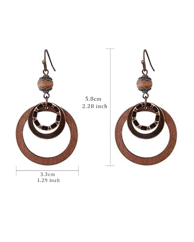 Wooden Earrings for women with Copper and Wood Circle dangle Lightweight Geometric Brown Earrings for Western Bohemian ethnic style thumbnail 4