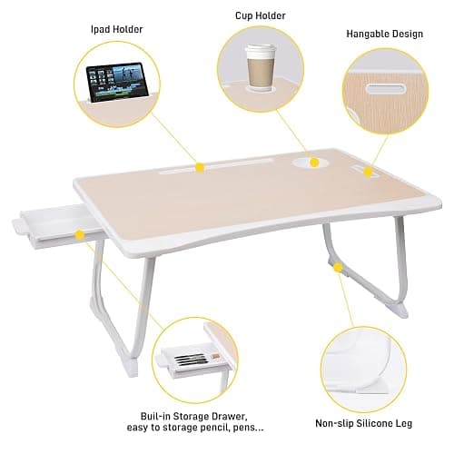 Amaredom Laptop Bed Desk Tray Bed Table, Foldable Portable Lap Desk Notebook Stand Reading Holder with Storage Drawer and Cup Holder for Eating Breakfast on Bed/Couch/Sofa-White Oak thumbnail 5