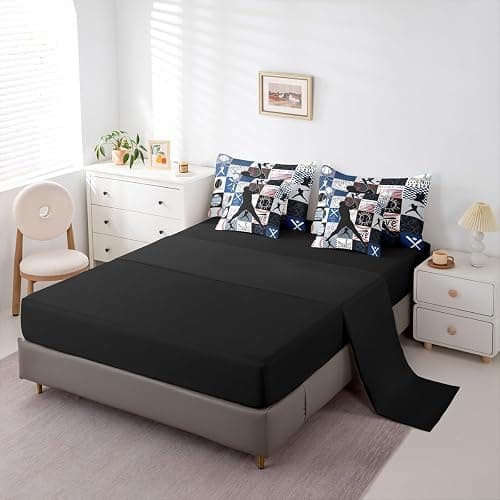 Sports Comforter Set 7-Piece Bed in a Bag Twin Bedding Sets for Boys,Geometric Grid Black Patchwork Baseball Bedding Sets Ball Player Games Comforter and Sheet Set,European Sport Softball Bed Set,Blue thumbnail 3