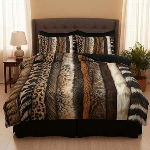 CCoutueChen Animal Print Comforter Sets Queen Size, Farmhouse Bedding Set with Leopard Stripe Patchwork, 3 Pcs Warm Microfiber Quilt Set with 2 Pillowcases, 90"x90" thumbnail 4