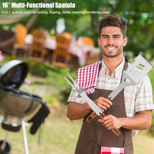 RINPIR 31pcs Stainless Steel BBQ Grill Accessories Set for Men Dad, Heavy Duty Grilling Tools for Outdoor Camping, BBQ Utensils Kit with Mats, Grill Brush in Carrying Bag Brown - Brown thumbnail 5
