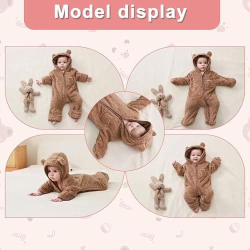 AiWMGL Newborn Baby Bear Outfit With Fold-Over Mittens and Footies Girls Boys Winter Fleece Clothes Hooded Romper Snowsuit thumbnail 6