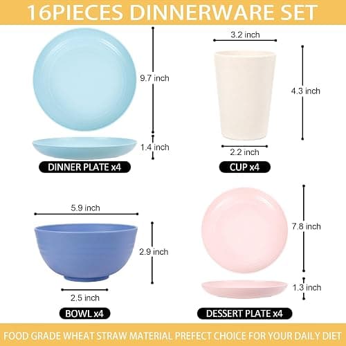 Rubtlamp Wheat Straw Plates and Bowls sets, Reusable Plastic Plate Set for 4, Kitchen Wheat Straw Dinnerware Sets (Spring Four Colors) Include Dinner Platos, Dessert Platos, Cereal Bowls, Cups thumbnail 2