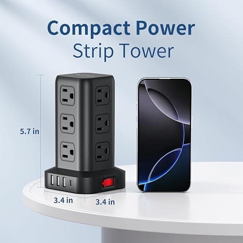 AnnTane Power Strip 6.5 FT Cord, Power Strip Tower with 4 USB Ports (1USB C), Extension Cord with 12 AC Multiple Outlets, Home Office Supplies Desk Accessories, Dorm Room Essentials thumbnail 4