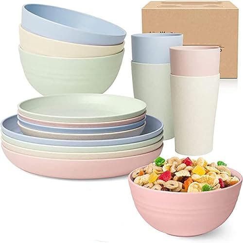 16 Pieces Bowl Set Tablewares, Wheat Straw Plates, Lightweight Degradable Dinner Plates Sets,Bowls, Cups, Tablewares Set, Dishwasher Safe Dinnerware Sets, Unbreakable Salad Plates - Image 1