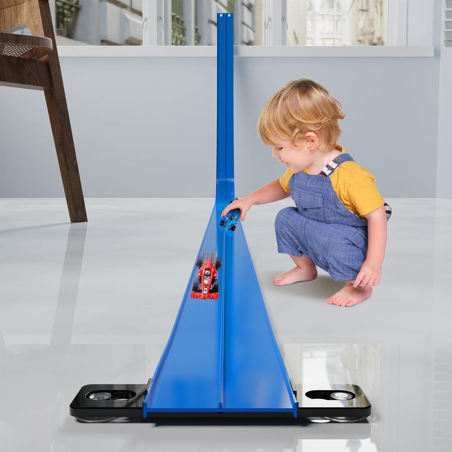 Flexible Race Car Track,16 Ft/5M Portable Dual Sided Racetrack with 4 Car & Suction Cups, Compatible with Hot Wheels & 1/64 Diecast Cars, Classic Long Rolls Up Race Track for Boys Girls (Blue) thumbnail 6