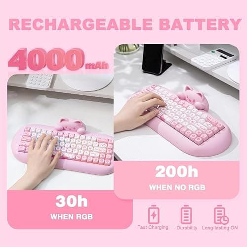 YUNZII C68 Wireless Mechanical Keyboard,65% Layout,Hot Swap,Triple Mode BT5.0/2.4G/Wired, RGB Backlit NKRO,Cute Cat Silicone Ergonomic Design for Win/Mac (Pink, Milk Switch) thumbnail 9