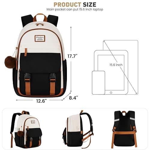 WINDARS School Backpack for Teen Girls, Cute College Backpacks for Women Students Aesthetic Bookbag Large 15.6 Inch Laptop Bag Middle School Travel Back Pack (Beige-Black-Brown) thumbnail 2