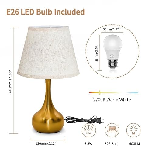 ONEWISH Touch Table Lamp for Bedroom, 3-Way Dimmable Gold Bedside Lamps for Nightstand with Fabric Shade, Desk Lamp for Kids Reading, Home Office thumbnail 7