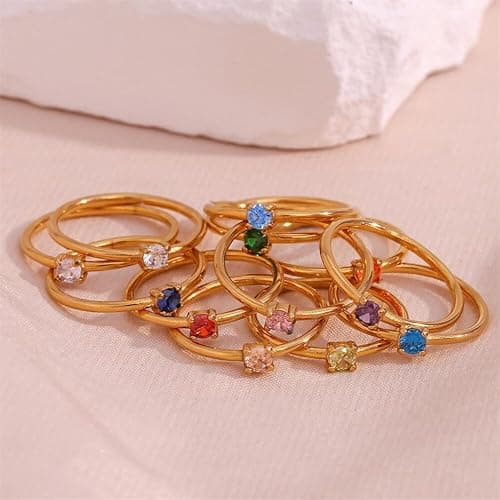 OAKKY Birthstone Rings for Women Stackable Finger Gemstone Gold Plated Cubic Zirconia Circle Colorful Thin Dainty Simple Wedding Engagement Jewelry thumbnail 6
