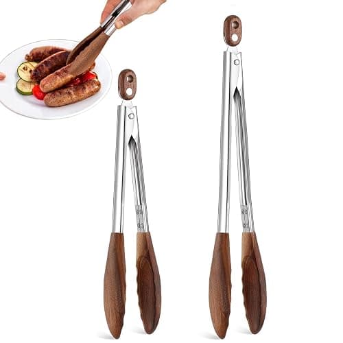 Wooden Tongs for Cooking & Serving Food, Stainless Steel Salad Tongs with Walnut Wood Tip, Anti-Slip Long Handle Wooden Kitchen Tongs Heat Resistant, Smooth Locking & Hanging Cooking Utensils Set of 2 - Image 1