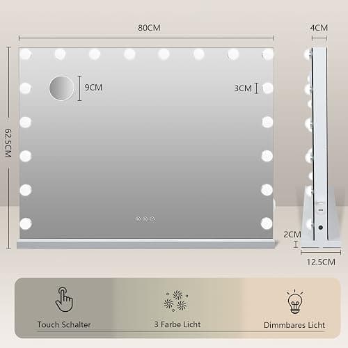 eklipt Schminkspiegel mit Beleuchtung 80 x 56 cm, Hollywood Spiegel mit LED Licht, 3 Farbtemperatur Licht, Touch Control, Tischplatte oder Wandhalterung (18led,80x12x62cm,weiß) thumbnail 2