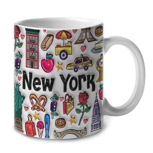 Lotacy New York Symbols Colorful 2D Printed Coffee Mug With Flag, 11oz, New York Souvenirs and Gifts - Image 1