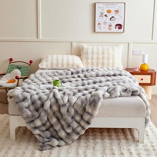 chovy Gray White Blanket for Couch - Bread Grid Rabbit Plush Soft Warm Blanket for Sofa Livingroom Bedroom Dorm Decor - 90x102 Inches thumbnail 3