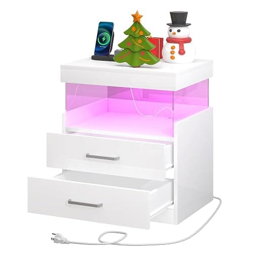 WelFurGeer High Glossy Night Stand, White LED Night Stand with Charger Station, Bedside Table with Drawers, Modern Nightstands, Wood Small Nightstand, Nightstands with Drawers for Bedroom - Image 1