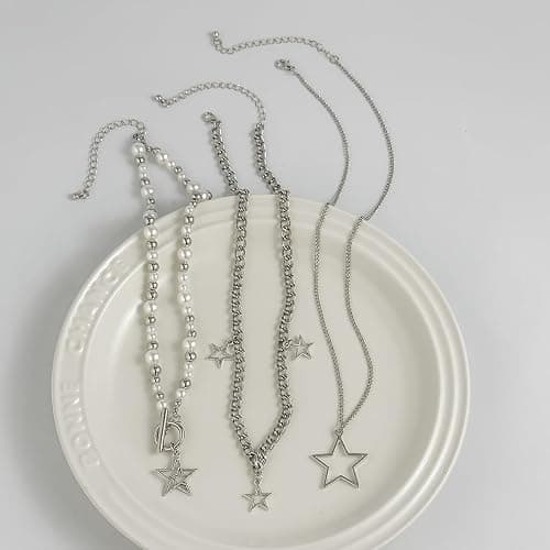 Inactwin Star Y2k Silver Necklace Grunge Layered Necklace Cute Aesthetic Stack Toggle Chain Necklaces Gothic Vintage Emo Jewelry Set for Women thumbnail 6