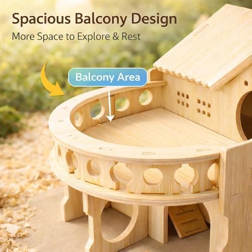 Improved Safety Large Balcony Small & Cute Wooden Hamster House with Large Balcony – Double-Decker Forest-Style Hut for Dwarf Hamsters, Mice, Gerbils, Rats & Small Pets (Compact Size Only) thumbnail 3