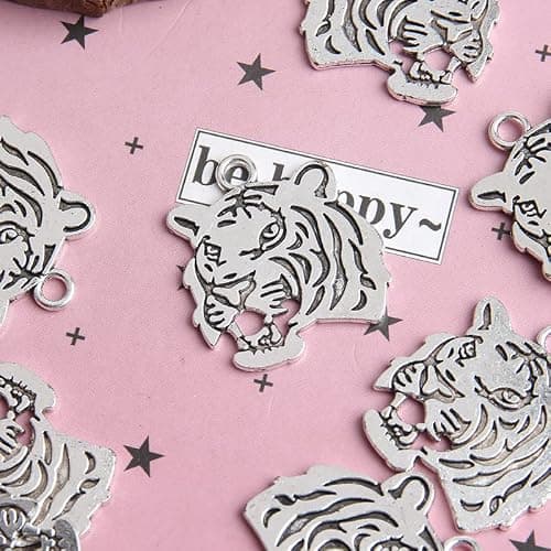 Opexicos 100Pcs Tiger Face Charms Tiger Pendants Antiqued Silver Tone Double Sided Making DIY Handmade Accessories Craft 27 x 24 mm thumbnail 5