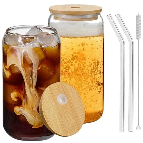 Siocok 500ml Can Shaped Glass Cups Set, Drinking Glasses with Bamboo Lids and Glass Straw, Reusable Can Shaped Cups Set,for Smoothies, Beer, Cola, Juice, Soda,Cocktail, Milk - Image 1