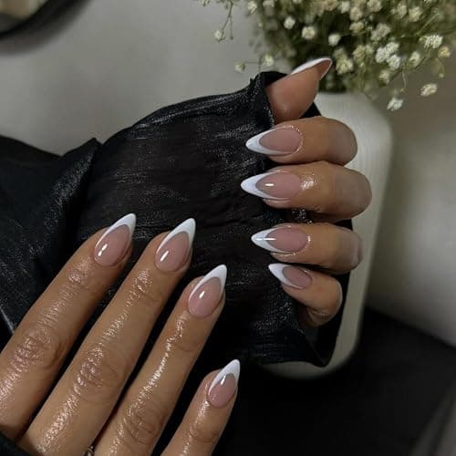 KQueenest 30 Pcs White French Tip Press on Nails Short Almond Nails Acrylic,Medium Natural Nude Fake Nails Press ons,Classic False Nails Short,Gel French Nails for Women DIY Instant Manicure thumbnail 4