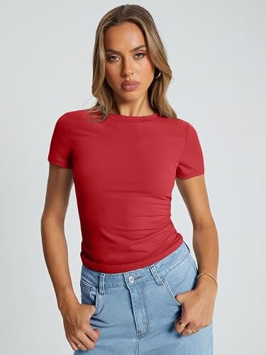 Trendy Queen Womens Stretchy Soft Opaque Basic T Shirts - Slim Fit Short Sleeve Y2k Cute Summer Crop Workout Tops thumbnail 2