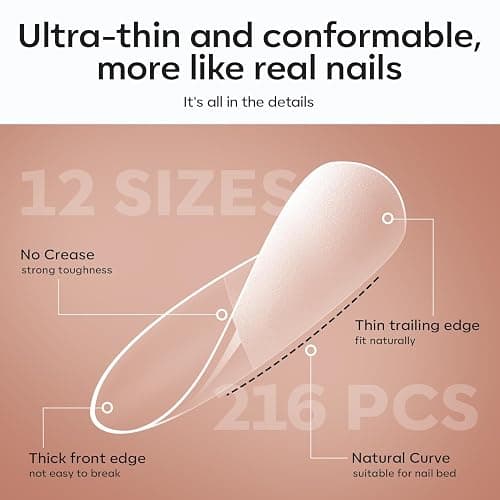 modelones Short Almond Gel Nail Tips Kit, 9-in-One Nail Glue with Portable U V Lamp 216Pcs 12Sizes Pre-Etched Press ons Fake Acrylic Extension Kit DIY Salon Gift for Women thumbnail 7