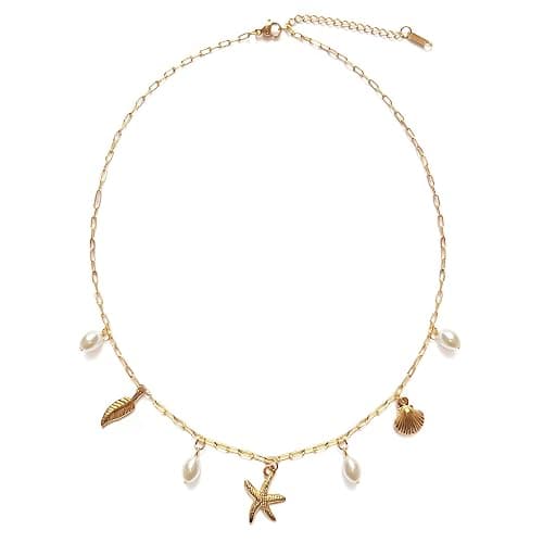 Rumgey Charm Necklace for Women - Dainty Paperclip Beach Charm Necklace Cute Shell Necklace Moon Star Accessory Beach Cross Hexagram Pendant Preppy Stuff Summer Jewelry for Women thumbnail 9
