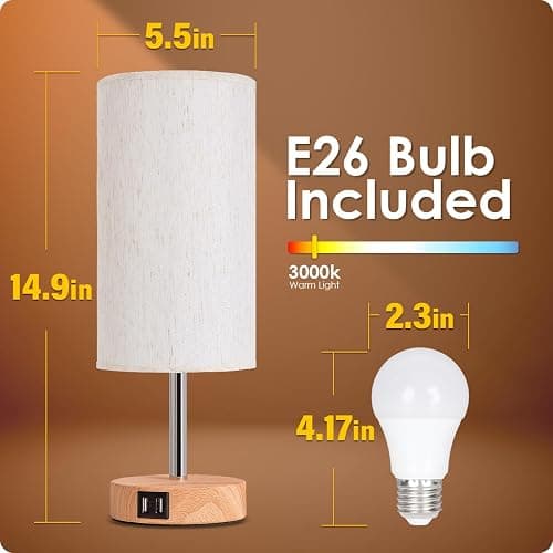 Yarra-Decor Bedside Table Lamp with USB Port - Touch Control for Bedroom Wood 3 Way Dimmable Nightstand Lamp with Round Flaxen Fabric Shade for Living Room, Dorm, Home Office (LED Bulb Included) - Fabric thumbnail 6