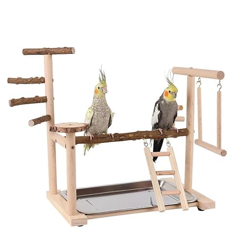RoseFlower Wooden Bird Playground, Parrot Playstand with Perches, Ladder, Swing, Feeder Cups, Tray for Conure, Parakeets, Budgie, Cockatiels, Lovebirds, #4 - Image 1