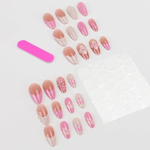 3D Handmade Press on Nails Medium Almond Fake Nails Spring & Summer French Nails Flower Press On Water Drop Designer Nails Cute Stick on Nails Wedding and Party, Daily wear Nails fro Women 24 Pcs, thumbnail 4