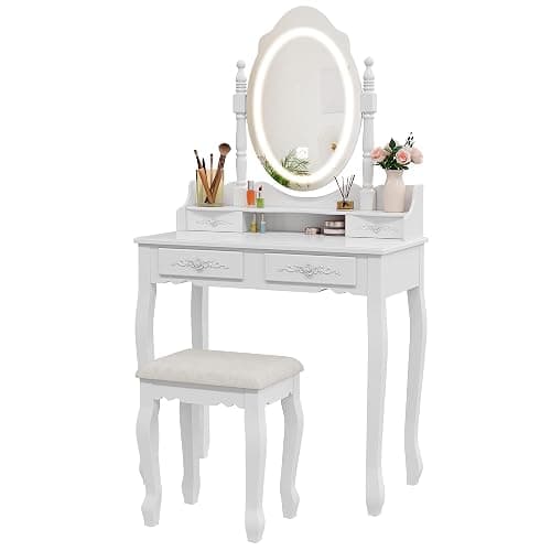 Vanity Desk with Mirror and Lights, Modern Vanity Makeup Table and Cushioned Stool Set with 4 Drawers, 3 Color Lighting Modes with Adjustable Brightness, Dressing Table Set for Bedroom (White Vanity) thumbnail 3
