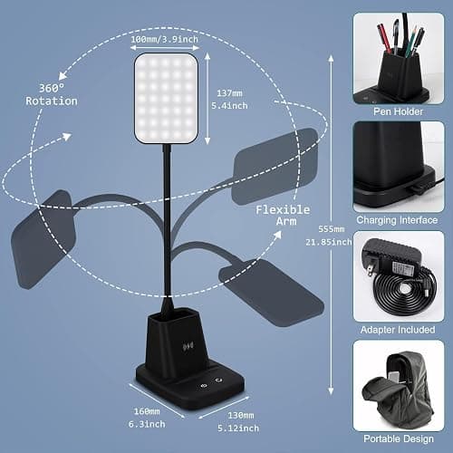 Sailstar LED Desk Lamp with 10W Wireless Charging & Pen Holder, Black | CRI 95, 800LM, Stepless Dimming, 3 Modes, 360°Flexible Arm, Touch, Study Table Lamp for Home Office, Dorm Room, with Adapter thumbnail 6