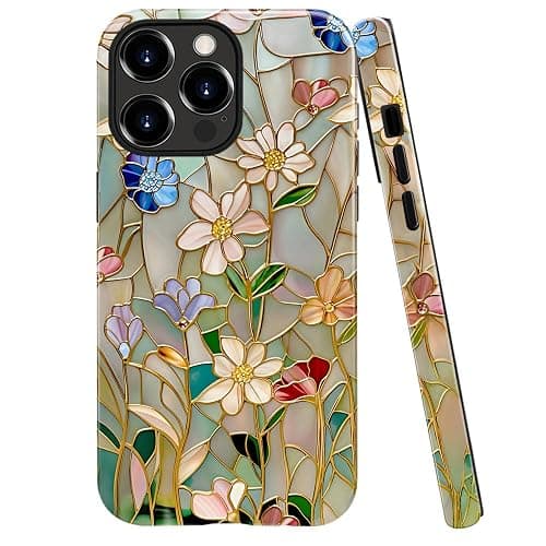 TnXee Case Compatible with iPhone 13 Pro Max,Fall Prevention Bright Hybrid 2-Layer Hard Shell Phone Case for Girls Boys,Stained Glass Bloom Flower - Image 1