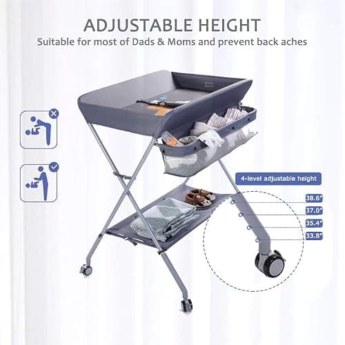 EGREE Baby Changing Table Portable Folding Diaper Changing Station with Wheels, Adjustable Height Mobile Nursery Organizer with Safety Belt and Large Storage Racks for Newborn Baby and Infant, Gray thumbnail 6