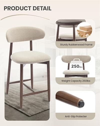 Homixis Bar Stools Set of 3, 25.6″ Counter Height Bar Stools with Wood Legs, Upholstered Modern Kitchen Barstools for Kitchen Island Dining Room Bar, Beige thumbnail 3